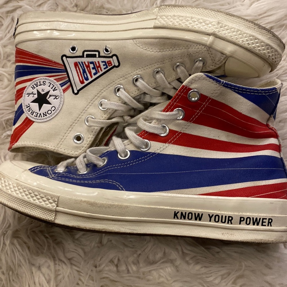 Converse chuck 70 hi top ‘ be heard’ white blue red shoes M 8 W 10